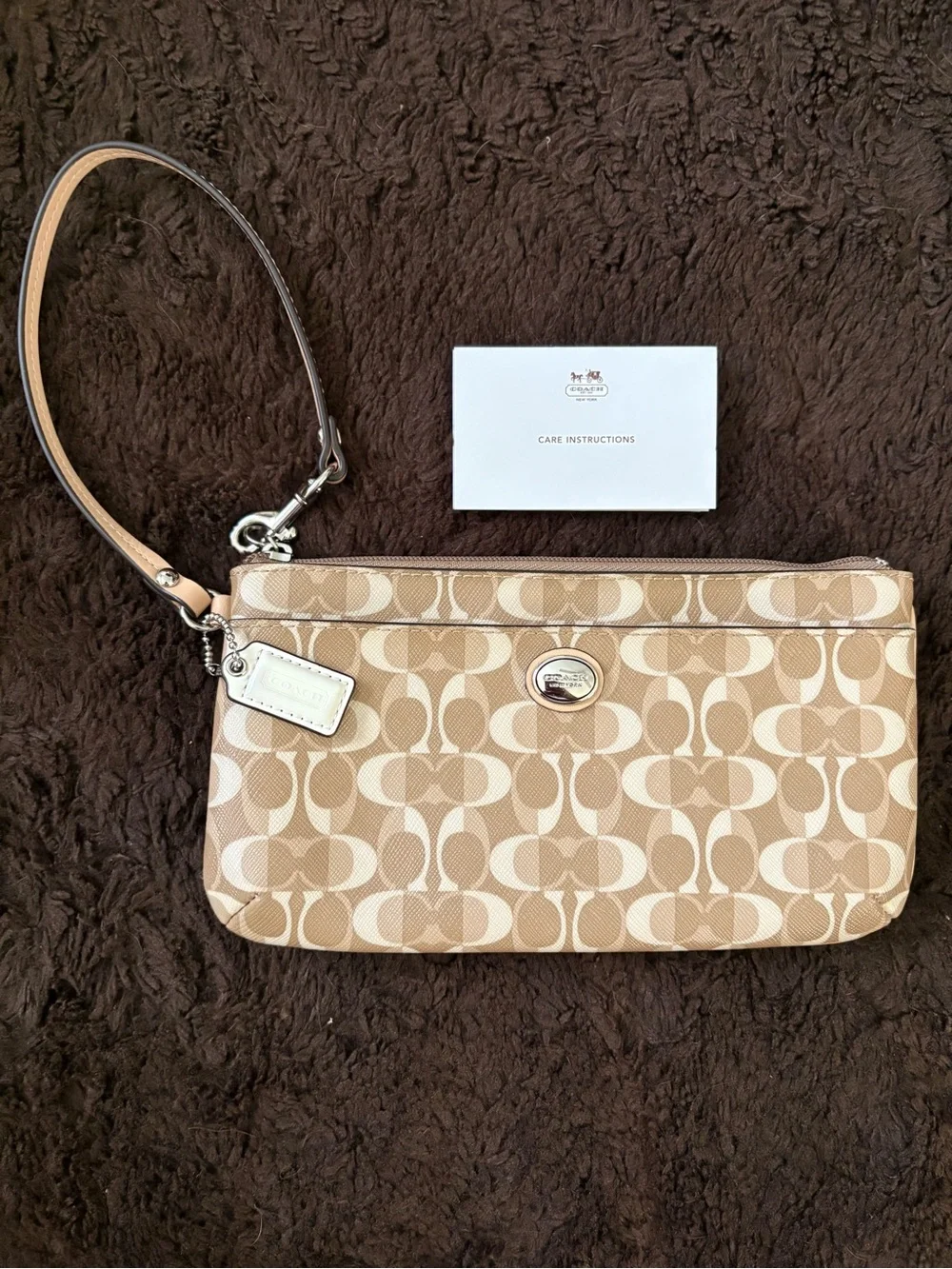 Coach Signature Leather Wristlet Clutch in Beige